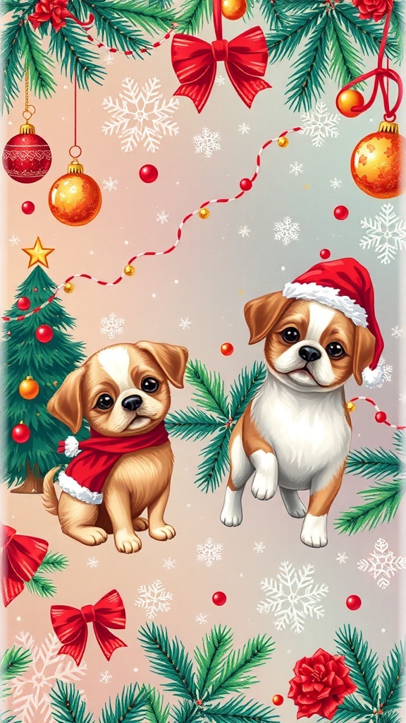 Cute dogs in Christmas attire on a colorful festive wallpaper.